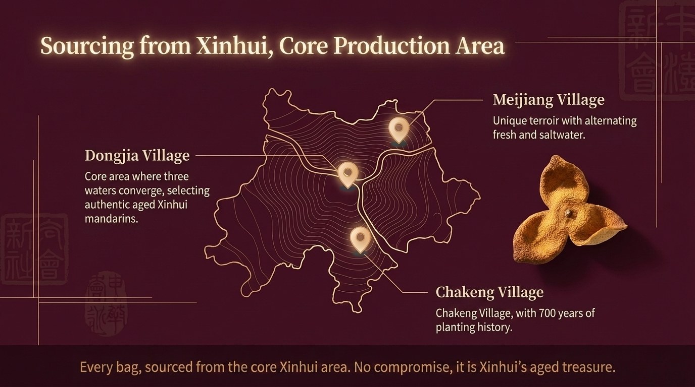 Map of Xinhui terroir — Dongjia · Chakeng · Meijiang