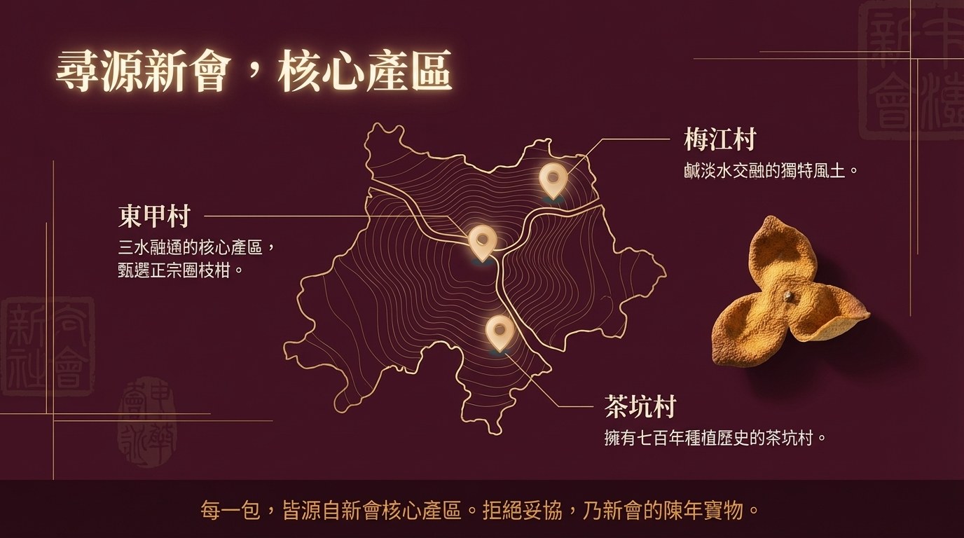 新會核心產區地圖 — 東甲 · 茶坑 · 梅江